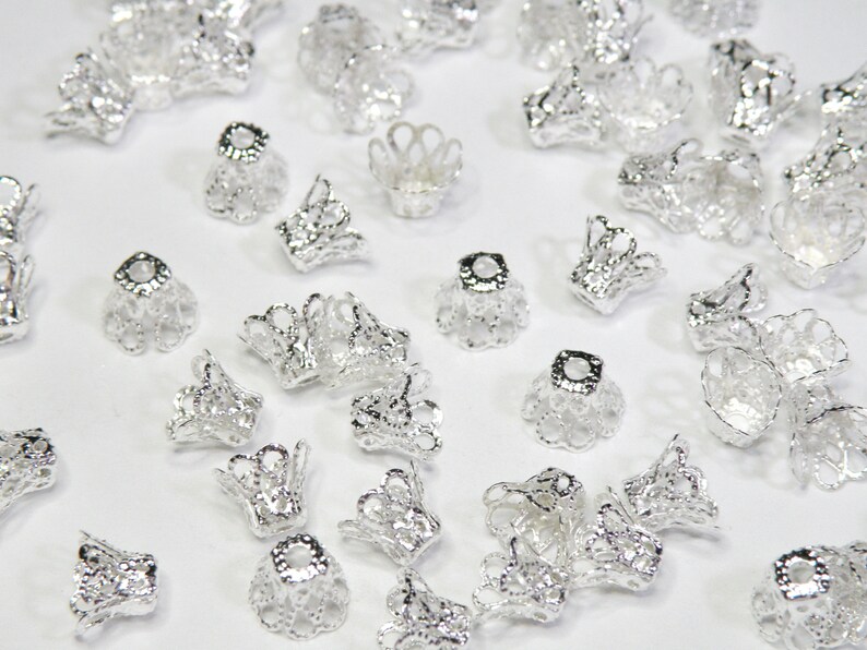 50 Scalloped Basket Bead Caps, Shiny Silver 9x6mm fits 8-10mm beads PS696-46S image 1