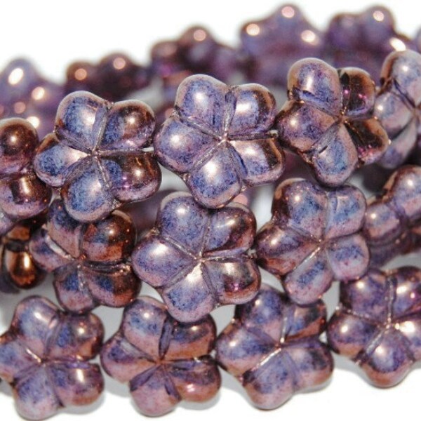 Purple Heather Flowers Bronze Metallic Luster finish Czech pressed glass star floral beads 17mm 5pcs CB17-06208-14415