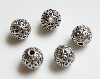 2 Intricate Floral Focal Beads filigree accents Bali style large hole antique silver 12mm DB0093116