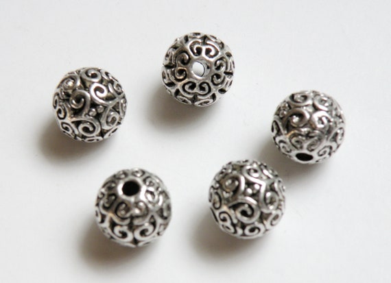2 Large Silver Beads Spacers Metal Jewelry Making Supplies Antique