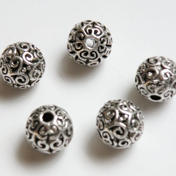 2 Intricate Floral Focal Beads filigree accents Bali style large hole antique silver 12mm DB0093116