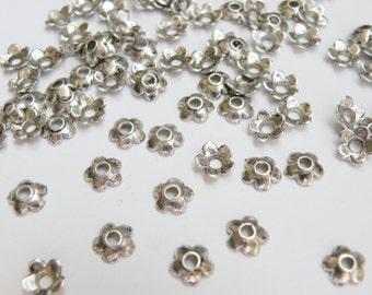 50 Small Flower Bead Caps antique silver 6.5x6.5mm PLFH10006Y