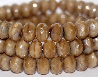 Creamy Mocha Latte Silver Brown Picasso finish fire polished Czech faceted glass rondelle beads 8x6mm 30pcs CB8x6-43400