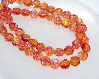 Hawaii Flower Red Orange Gold AB Finish Beads Metallic Mix Hibiscus Floral Pressed Czech Glass 9mm 25pcs CB9-48109