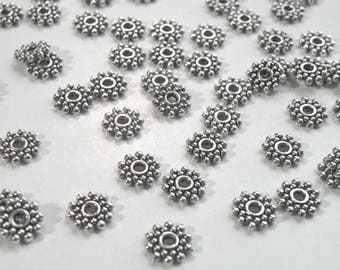 50 Beaded rondelle daisy snowflake spacer beads antique silver 8mm DB00817