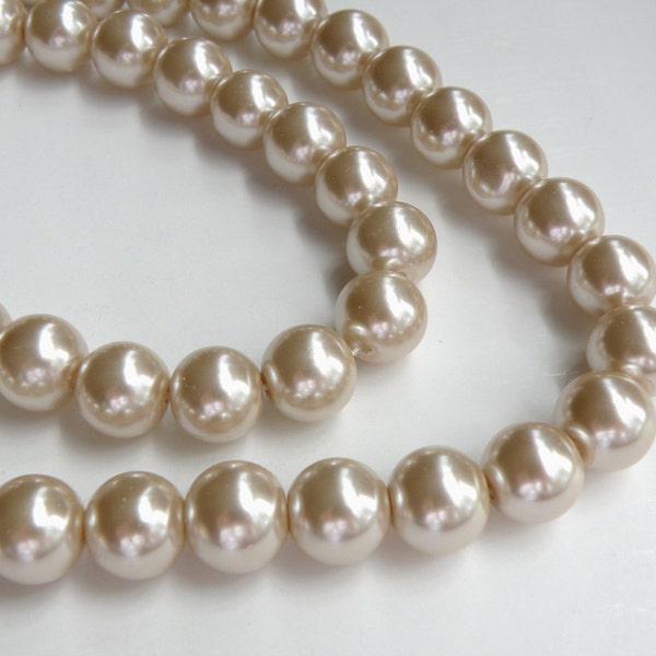 Beige glass pearl beads round tan or taupe 12mm full strand 1991GL