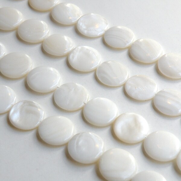 Natural Mother of Pearl shell puffed flat round beads 14-15mm full strand 3692SX
