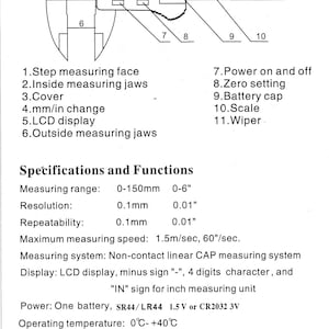 May include: A black and white diagram of a digital caliper with labels for each part. The caliper has a measurement range of 0-150mm or 0-6 inches. The caliper is made of extra strong carbon fiber composites. The text "Carbon Fiber Composites Digital Caliper" is at the top of the image.