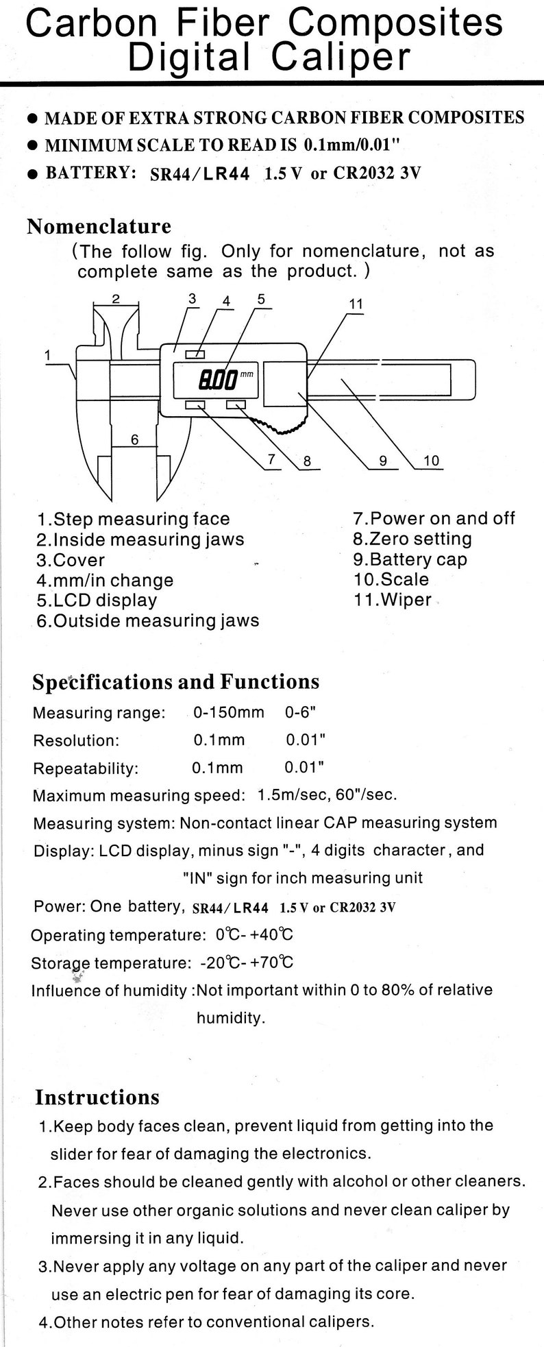 May include: A black and white diagram of a digital caliper with labels for each part. The caliper has a measurement range of 0-150mm or 0-6 inches. The caliper is made of extra strong carbon fiber composites. The text "Carbon Fiber Composites Digital Caliper" is at the top of the image.