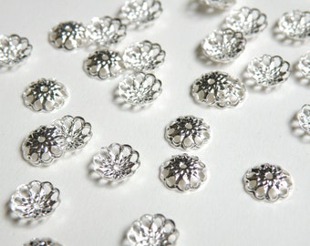 50 Bead caps flower shiny silver plated brass 8mm (fits 8-10mm) A5632FN