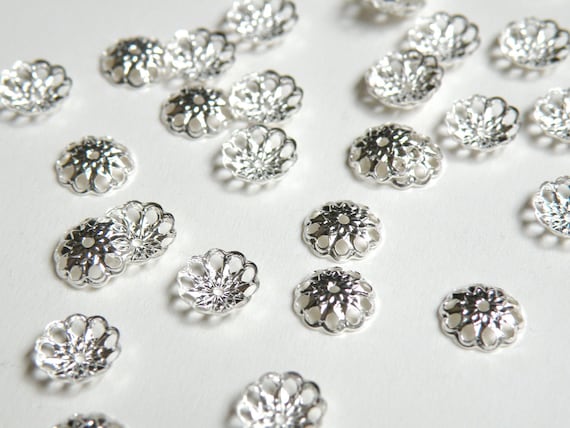 50 Bead caps flower shiny silver plated brass 8mm (fits 8-10mm) A5632FN