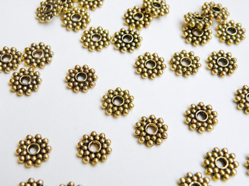 50 Beaded rondelle daisy snowflake spacer beads antique gold 8mm DB01105 image 1