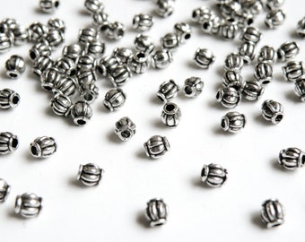 50 Lantern or melon shaped spacer beads antique silver 4mm PO004-03