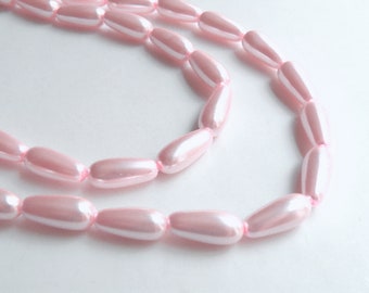 Pink glass pearl teardrop pendant bead 15x7mm to 18x8mm full strand 2073GL