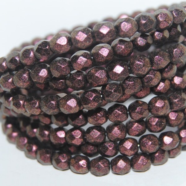 Eggplant Pearlized Metallic Deep Reddish Purple Czech Glass Beads, Fire Polished Chameleon Matte Finish 6mm 50pcs CB6-23980-94108
