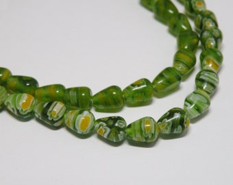 Millefiori Flower Beads, Green Apple with Yellow and White, teardrop beads full strand 8x10mm 6818CL