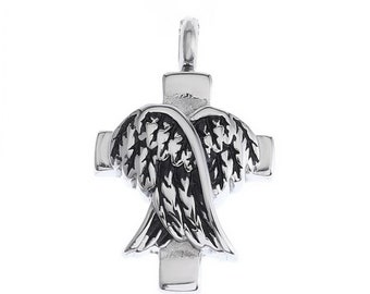 Kreuz mit Engelflügel Feuerbestattung Urne Anhänger Edelstahl Silber 30x19mm WJ1-CrWg