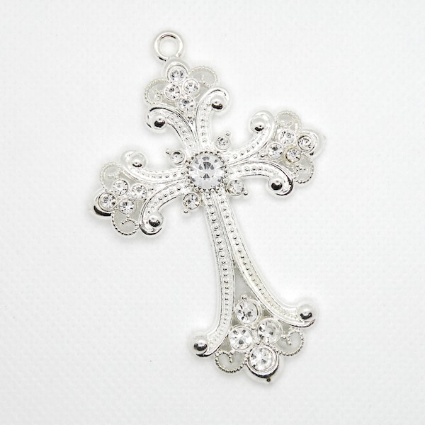 Cross Pendant Clear Rhinestone Shiny Silver Gothic Steampunk Victorian Renaissance extra large charms bright 75x50mm P1475S