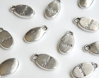 10 Believe oval charms Inspirational words egg shape drops affirmation messages antique silver 15x8mm DB03655