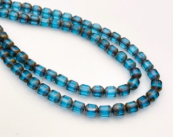 15 Capri Blue Faceted Octagon Cobalt Glass Czech Beads, Metallic Antique Gold Wash, Crown Cathedral Cut 8x7mm CB8-60020-14415G