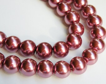 Dark Dusty Rose Mauve glass pearl beads round 14mm full strand 1752GL