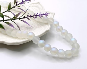 Mystic Aura Frosted Matte White Round Glass Beads, Iridescent Holographic Mermaid or Faux Moonstone Beads, 8mm 50 pcs TDX12556