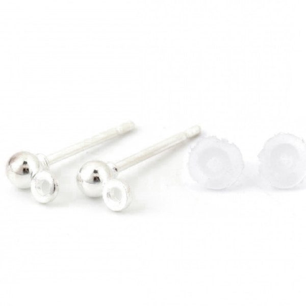 50 Silver Ball Stud Post Earrings Nickel Free 3mm ball with connector loop includes earnut backs DB0120216