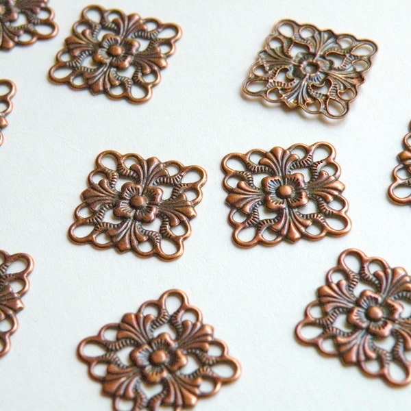 12 Flat scalloped square floral motif antique copper connector link or focal piece 16x16mm 5129FY