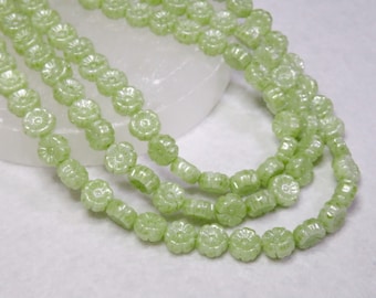 Czech Hibiscus Flower Beads, Lime Green Pearlized Luster, Lemon Lime Cream Hawaii Floral Pressed Glass 9mm 25pcs CB9-2010-34310
