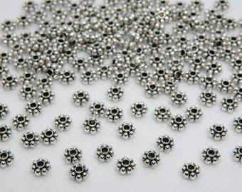 100 Beaded Rondelle Thick Daisy Spacer Beads antique silver plated 4.5mm DB00900