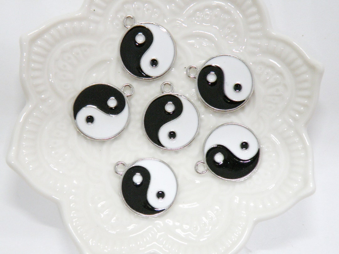 5 Yin Yang Enamel Charms, Black and White, Zen Meditation Silver