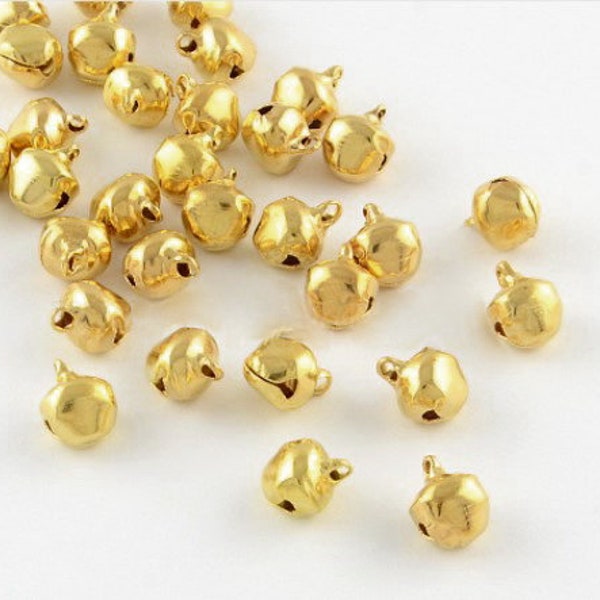 50 Gold Jingle Bells for Christmas or Weddings, Small Golden Charms 9x7.5x7mm PQ112-01B-G