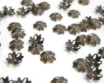 50 Floral Leaves bead caps antique bronze antique brass 10mm (fits 10-12mm) A5581FN