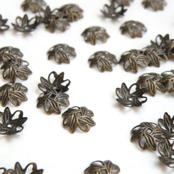 50 Floral Leaves bead caps antique bronze antique brass 10mm (fits 10-12mm) A5581FN