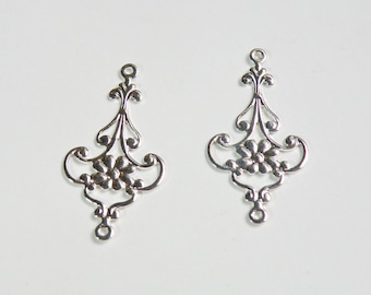 10 Filigree Flower teardrop connector links shiny silver plated nickel free brass component 28.5x14.5mm 7901FD