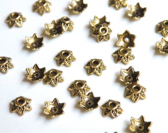 50 Bead caps 6 pointed star antique gold 7mm DB35211