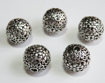 2 Intricate Floral Focal Beads filigree accents Bali style large hole antique silver 17mm DB30037