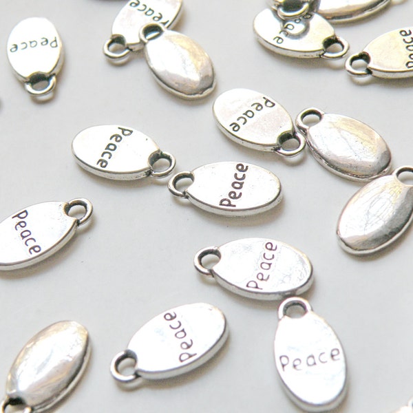 10 Peace oval charms Inspirational words egg shape drops affirmation messages antique silver 15x8mm DB19582