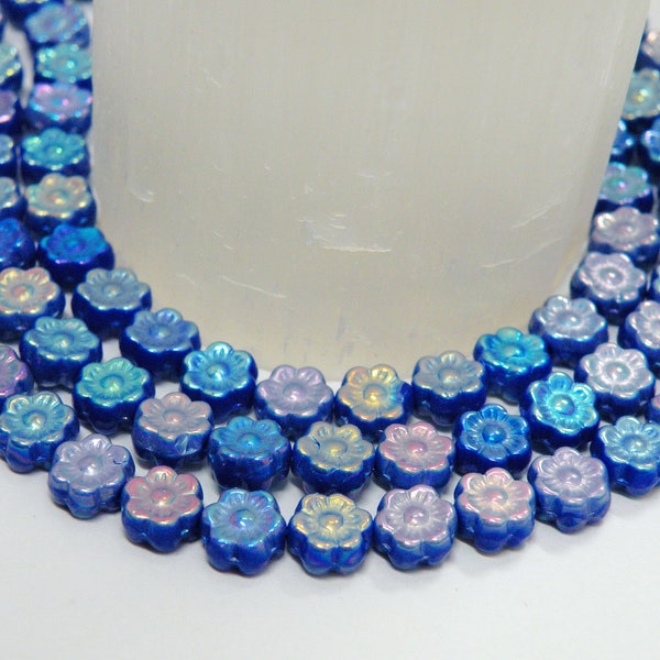 Cobalt Blue Rainbow Metallic AB Finish Czech Pressed Glass Beads Hawaii Flower Hibiscus Floral 6mm 50pcs CB6-33050-AB2