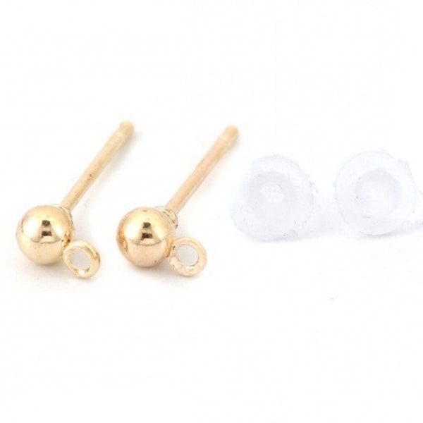 50 Gold Ball Stud Post Earrings Nickel Free 3mm ball with connector loop includes earnut backs DB0120215