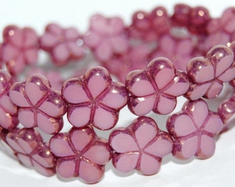 Czech Pink Opal Flowers with Lilac Bronze Metallic Luster Finish, table cut glass floral window beads 17mm 5pcs CB17-71010-14415