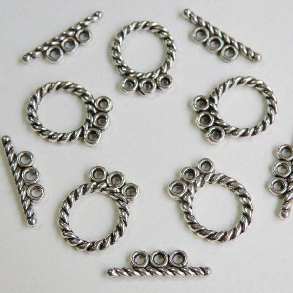10 Twisted Rope 3 strand round toggle clasps multi strand antique silver 16x12mm DB22090