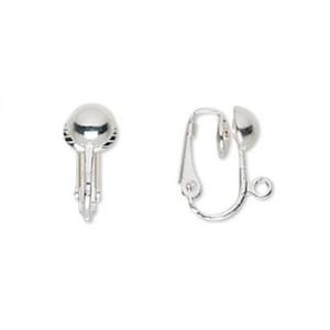 10 Silver Earring clip on 6.5mm half-ball earwire findings open loop silver plated nickel free brass unpierced earclips 15mm 1218FN