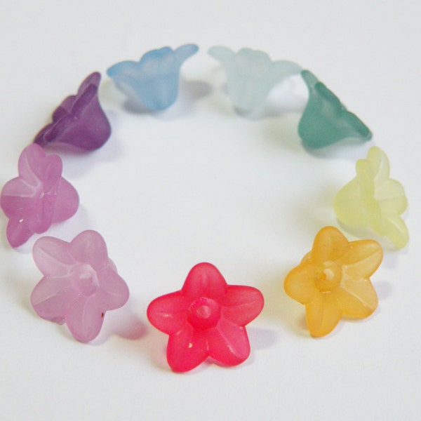 100 Frosted Trumpet Bell Flower Tiny Beads acrylic colorful assorted mix 9x5mm frosted lucite PL554