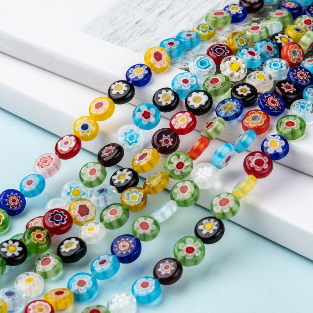 14.5 Inch Strand of 6mm Glass Millefiori Beads, Flat Round, About