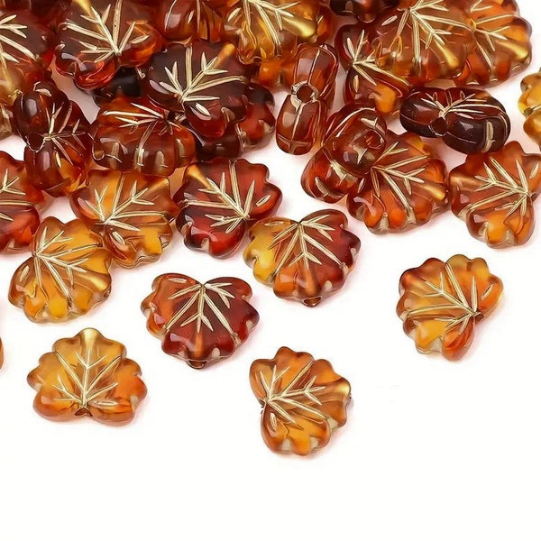 Maple Leaf Acrylic Beads, Translucent Golden Brown with Gold Wash, Autumn Fall Leaves 10x13mm 25 pcs TDB29624