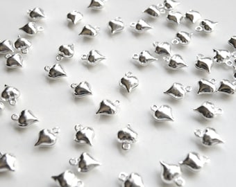 50 Tiny heart puffed charms shiny silver plated copper 9x7mm DB06221