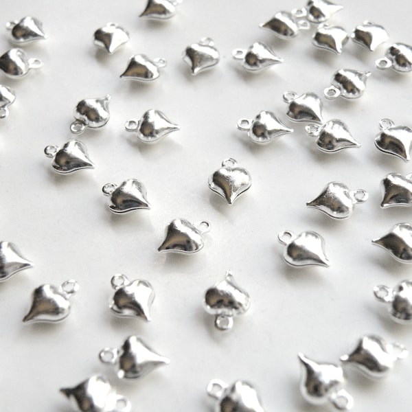 50 Tiny heart puffed charms shiny silver plated copper 9x7mm DB06221