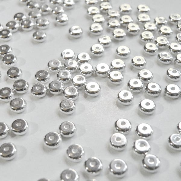 50 round heishi rondelles shiny silver plated nickel free brass metal spacer beads 4x2mm 9325MB