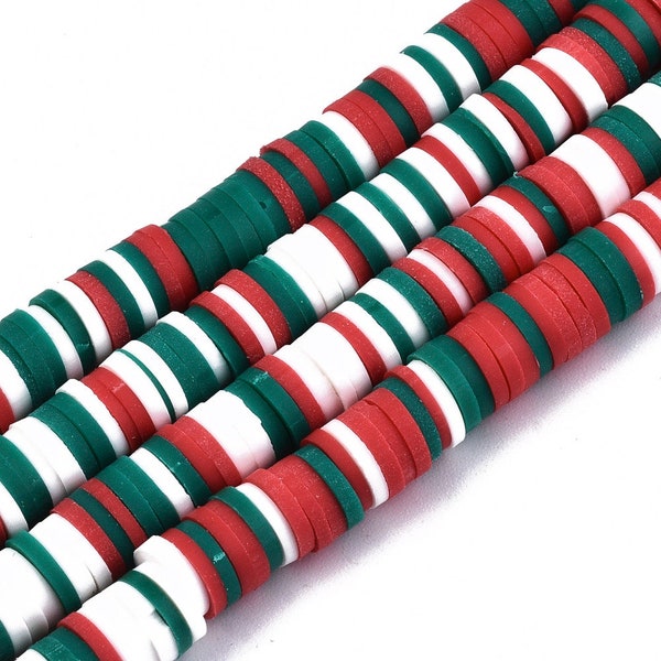 Christmas Mix Polymer Clay Handmade Heishi Beads Holiday Red Green White flat round disc beads 6-6.5x1mm PR089-6mm-91